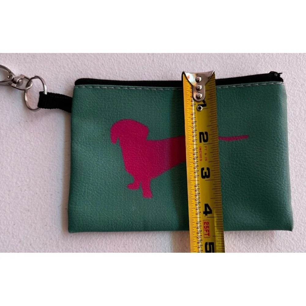 Pink Dachshund Coin Wallet Green Zip‎ Pouch Keychain Wiener Dog Card Case Clip